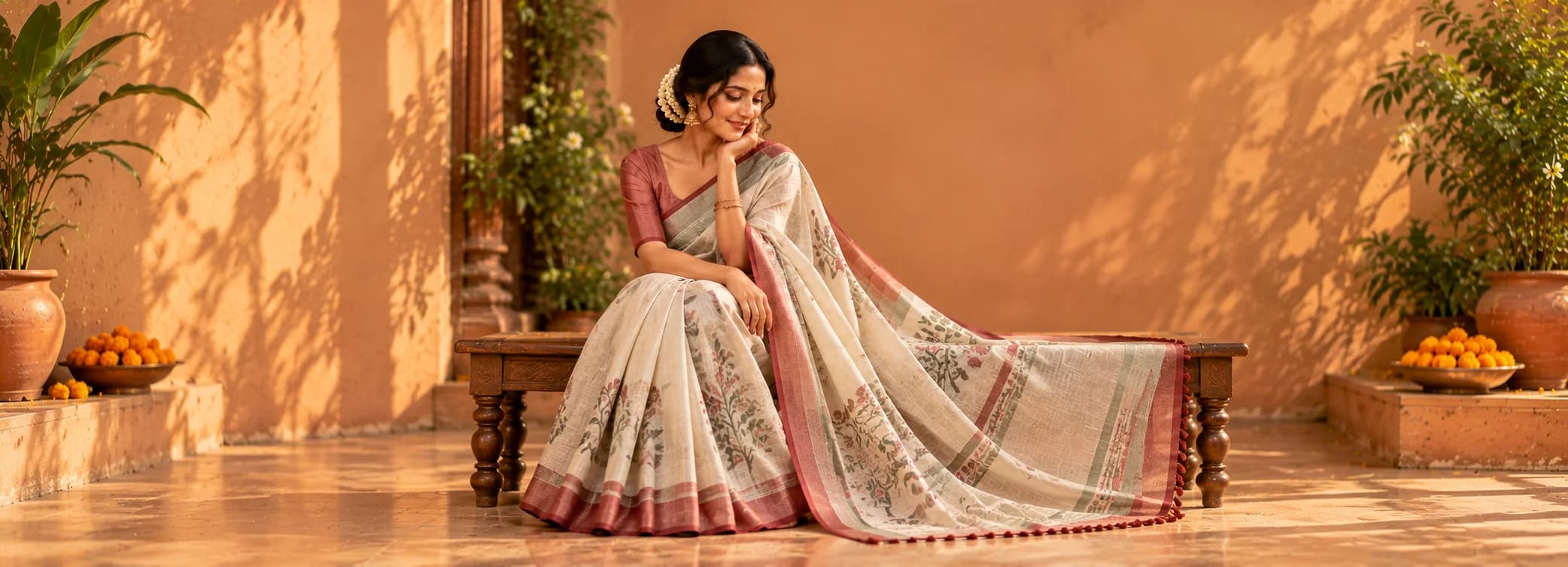 A model in a cream handloom saree with a rose border, seated on a carved wooden bench in a sunlit courtyard