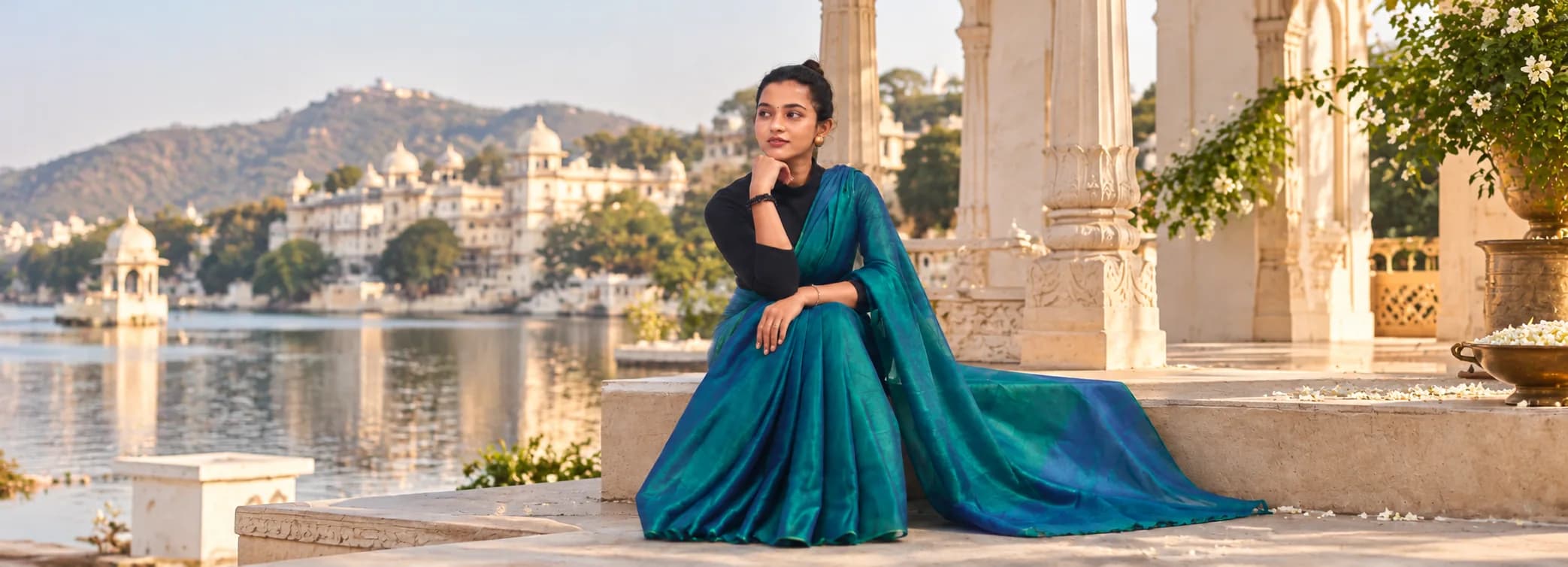 A model in a teal silk saree seated by a lake with a white palace in the background