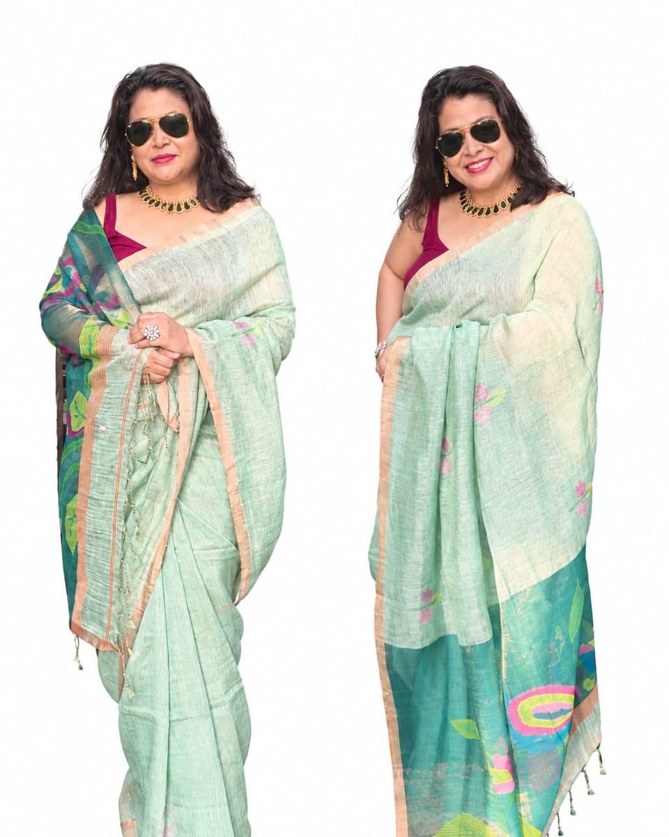 Sea Green Linen Saree with Jamdani Pallu