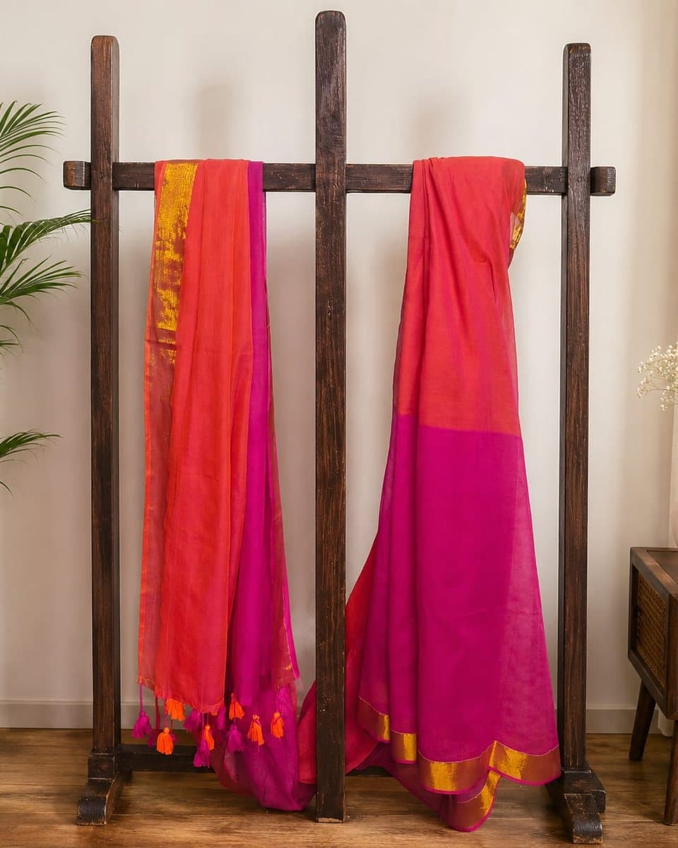 Pink Orange Dual Tone Cotton Saree with Zari Border