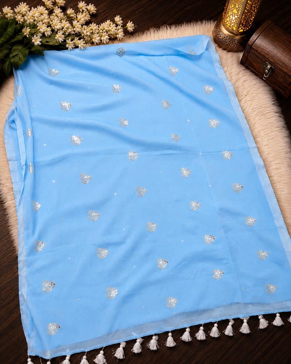 Sky Blue Leaf Sequin Mul Cotton Saree