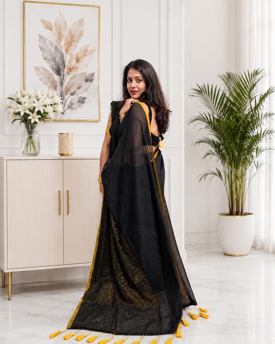 Black Gold Stripe Mul Cotton Saree