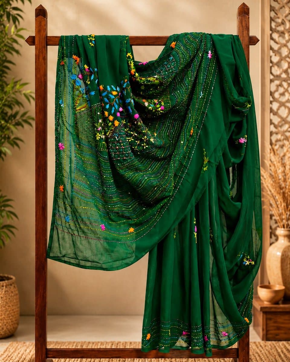 Bottle Green Kantha Embroidered Saree