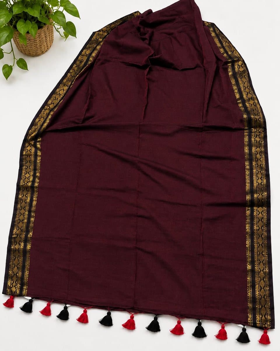 Maroon Zari Border Cotton Saree with Tassels