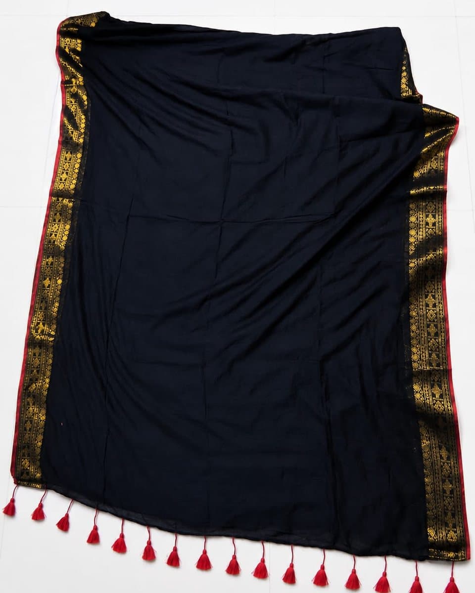 Navy Blue Zari Border Cotton Saree with Tassels