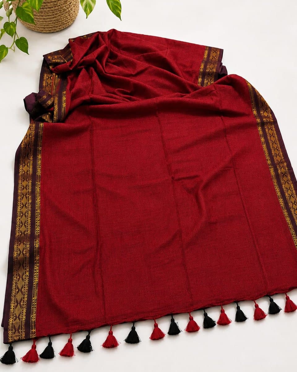 Red Zari Border Cotton Saree with Tassels