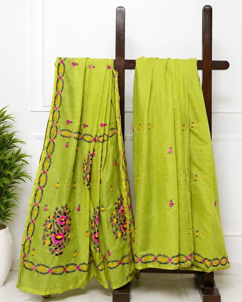 Lime Green Floral Motif Embroidered Saree