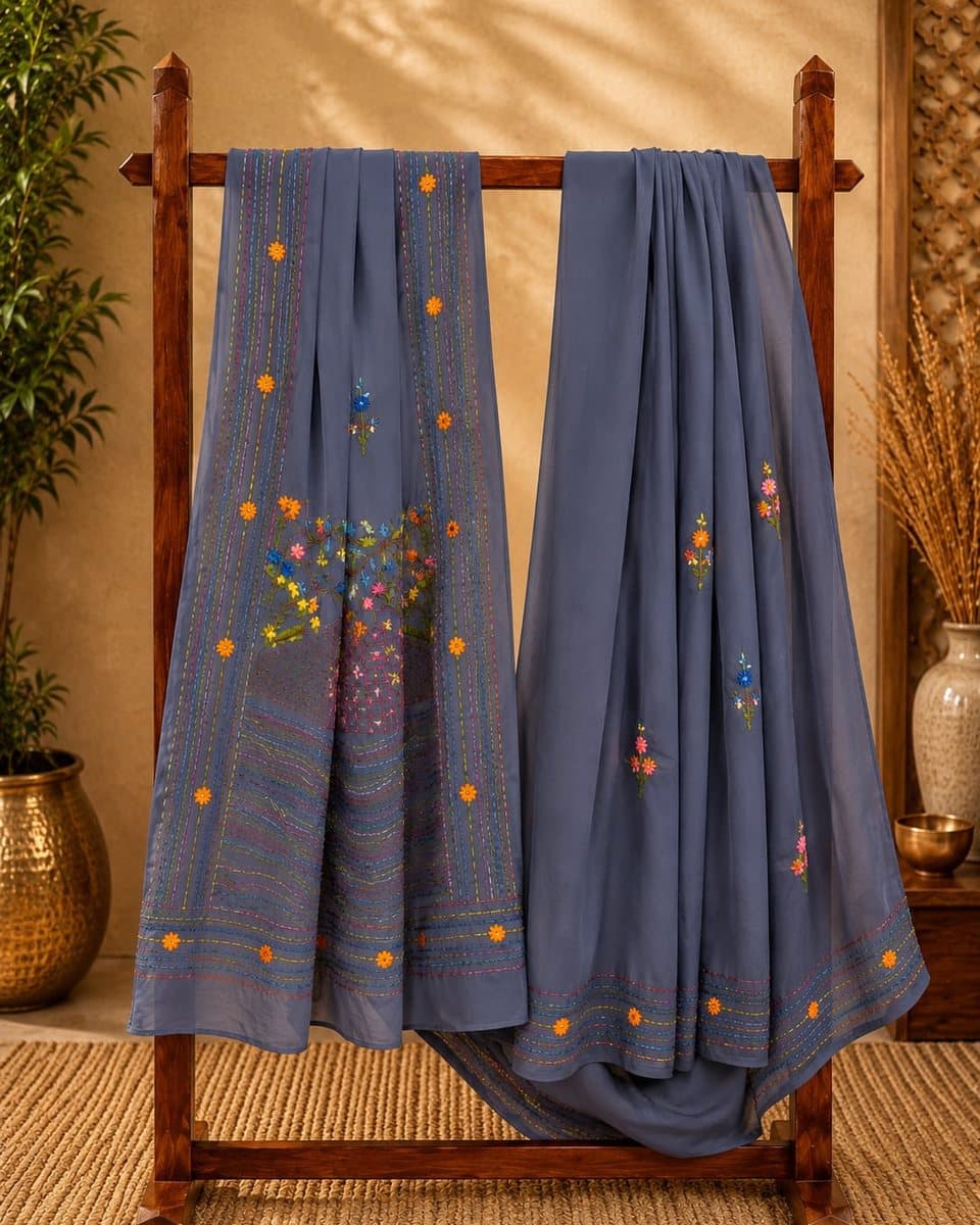 Slate Blue Tree Embroidered Saree