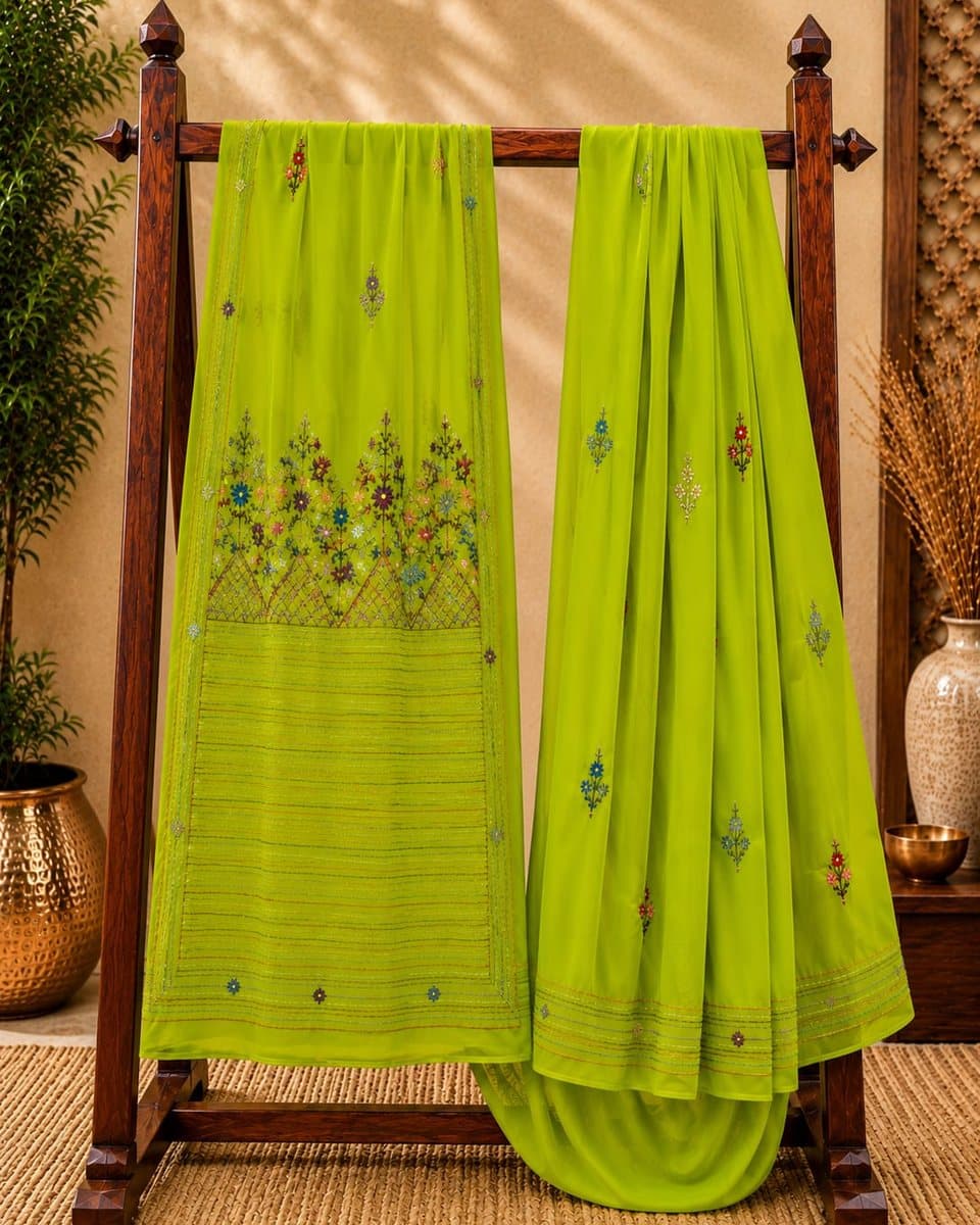Lime Green Tree Embroidered Saree
