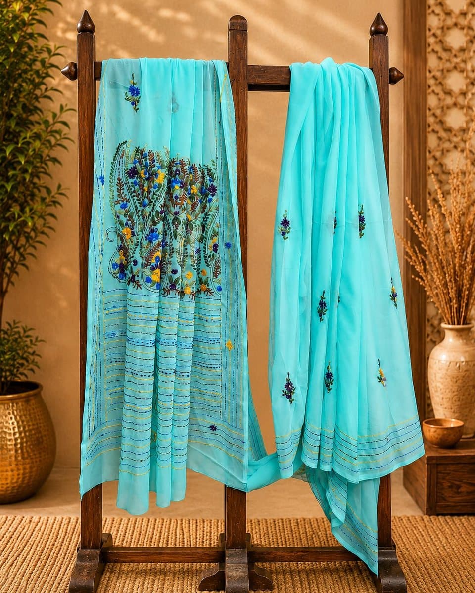 Aqua Blue Tree Embroidered Saree