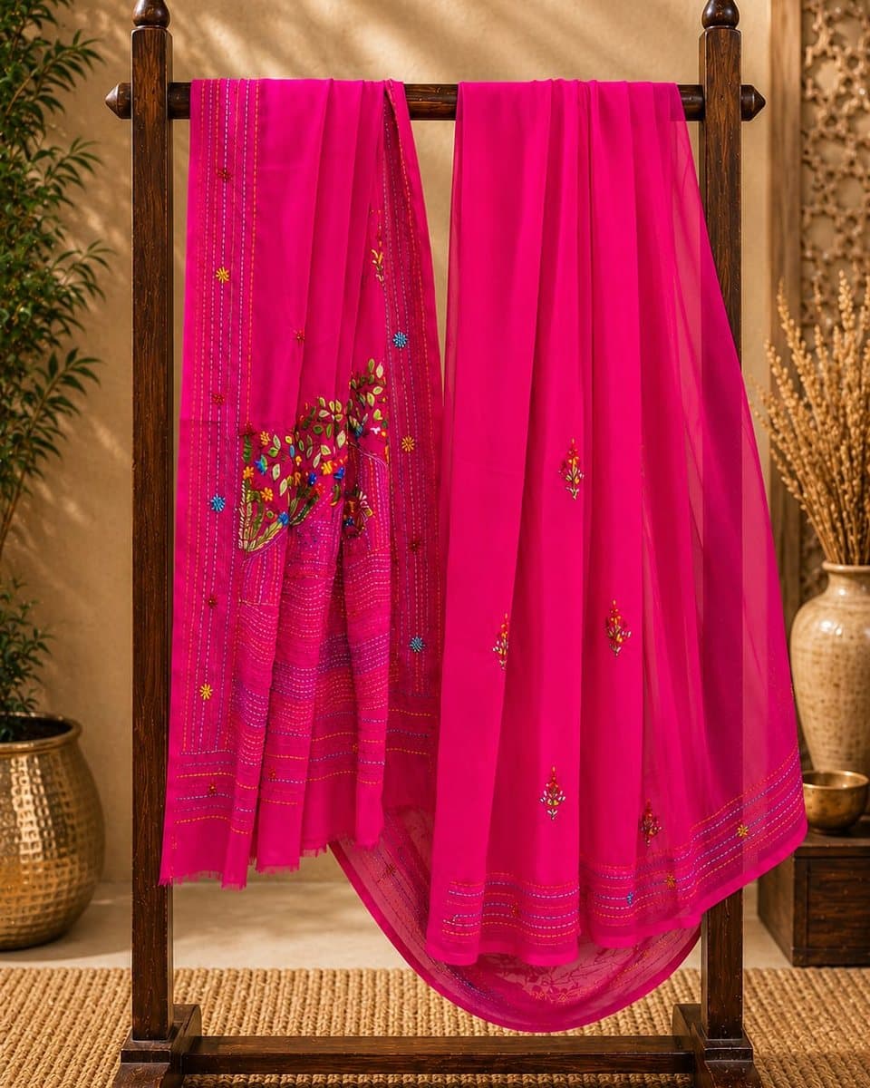 Hot Pink Tree Embroidered Saree