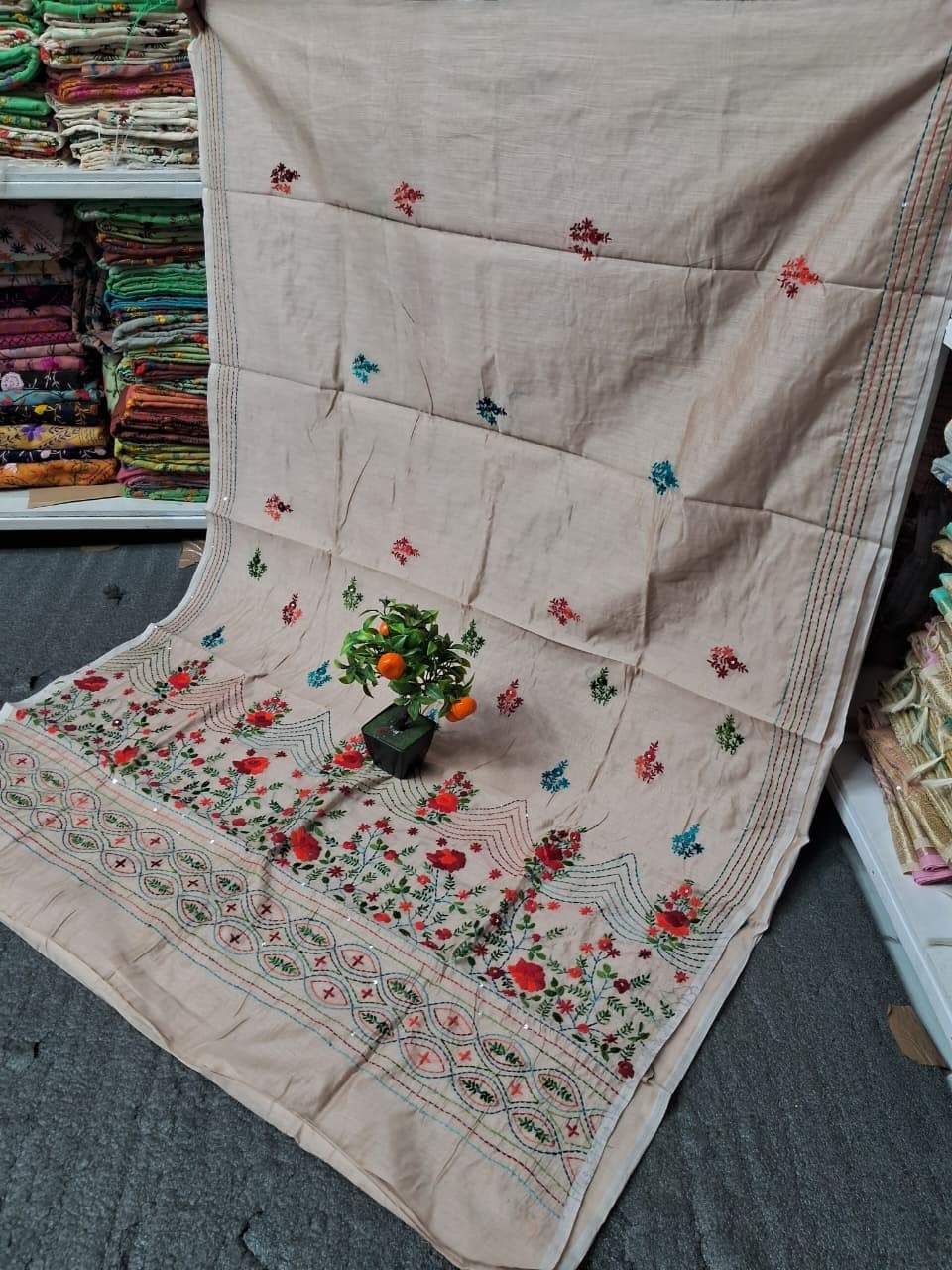 Beige Floral Kantha Embroidered Saree
