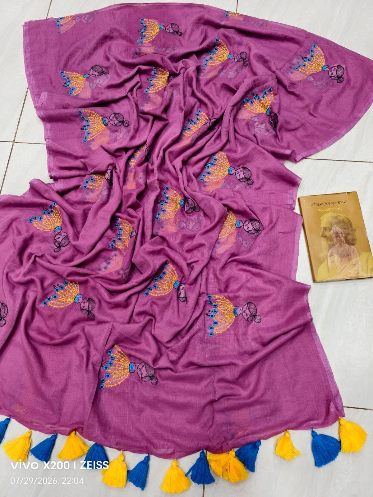 Mauve Doll Embroidered Saree with Tassels