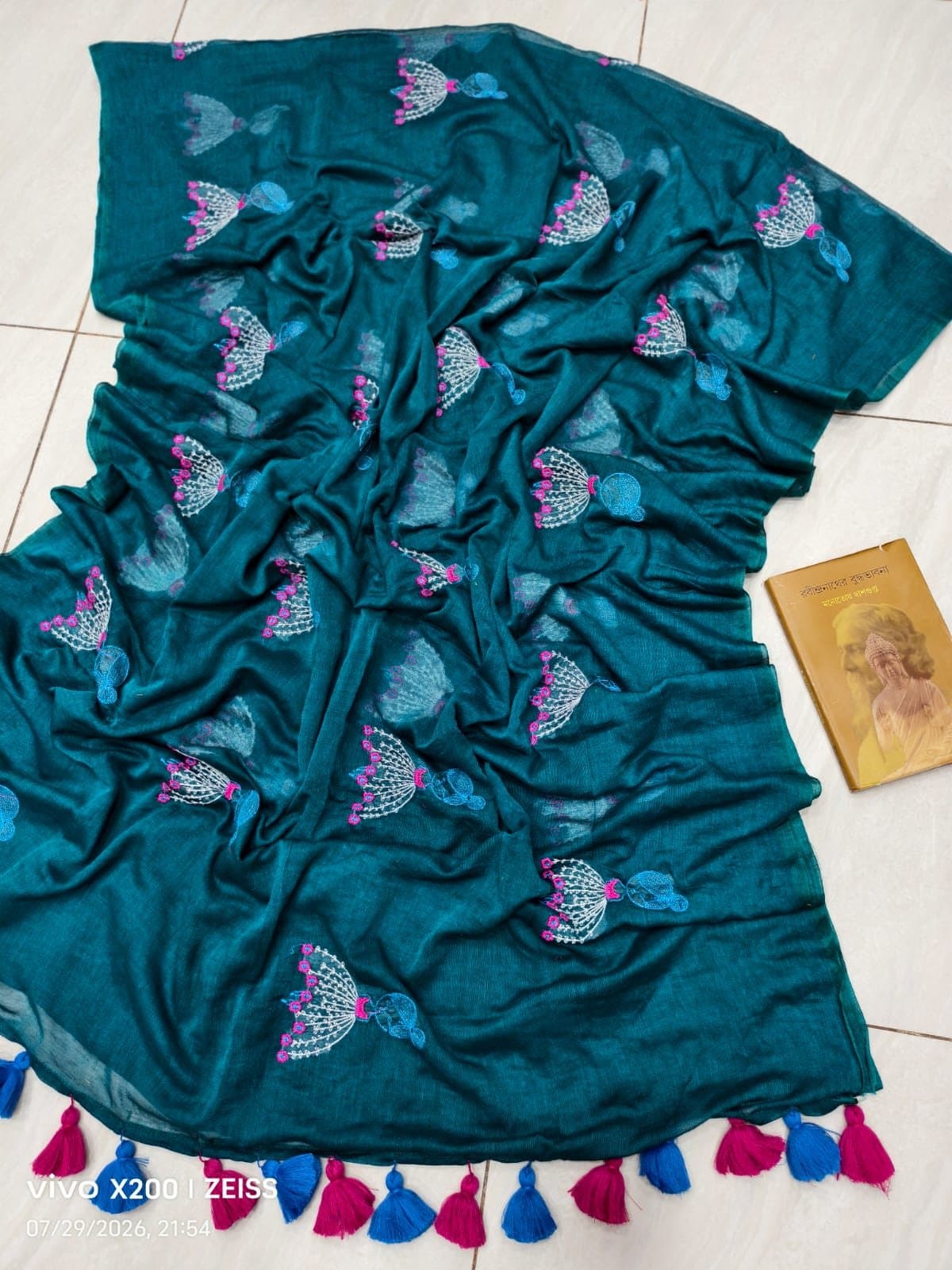 Teal Doll Embroidered Saree with Tassels