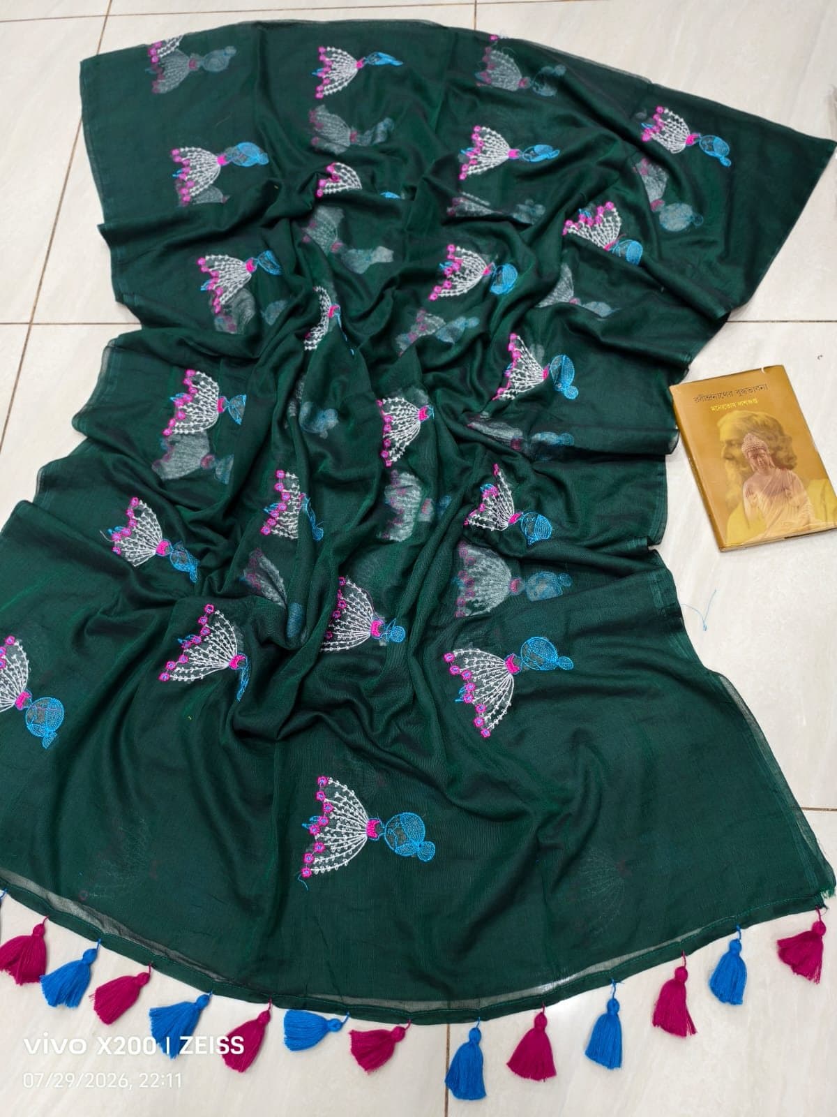 Bottle Green Doll Embroidered Saree with Tassels