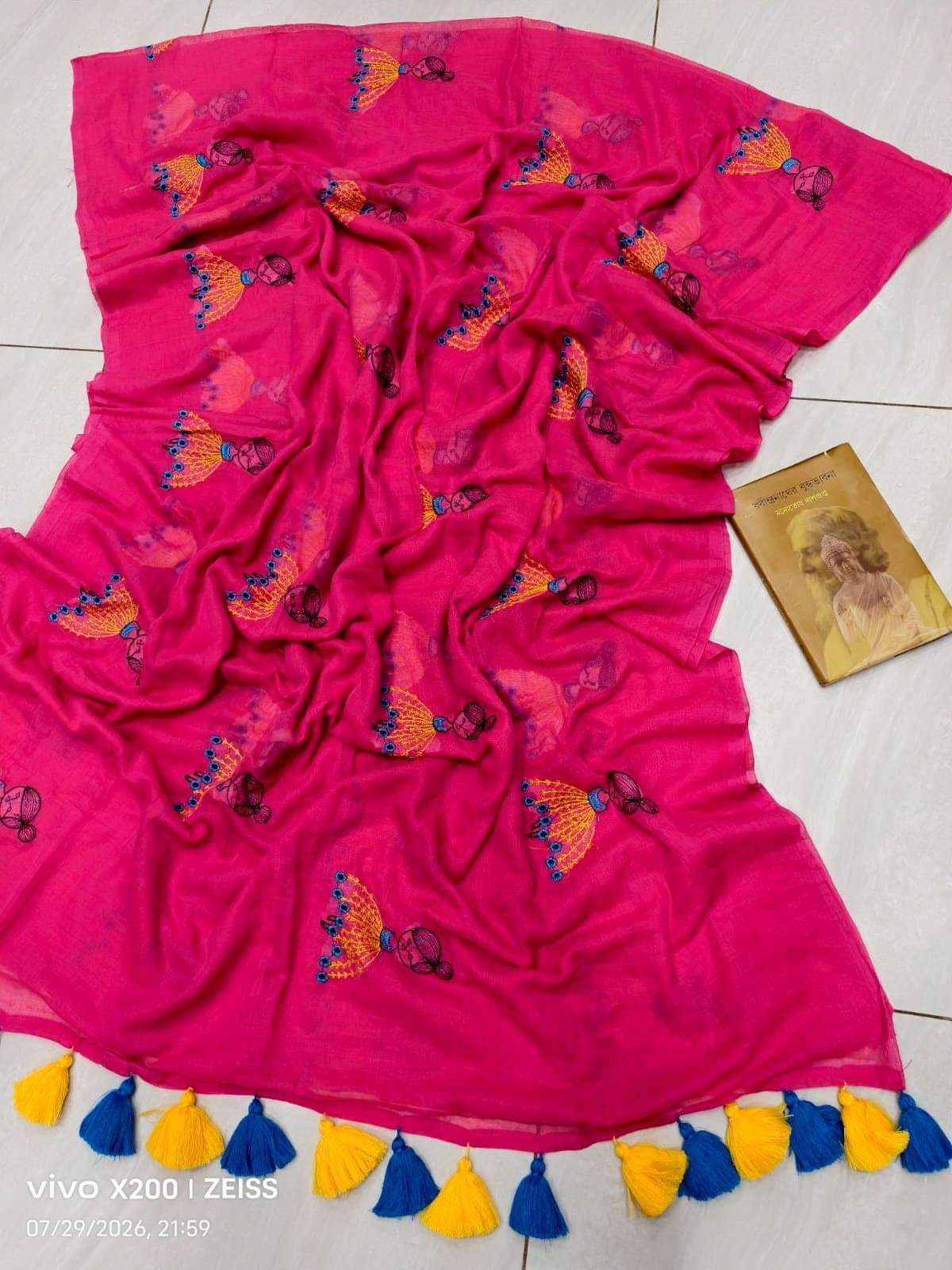 Hot Pink Doll Embroidered Saree with Tassels