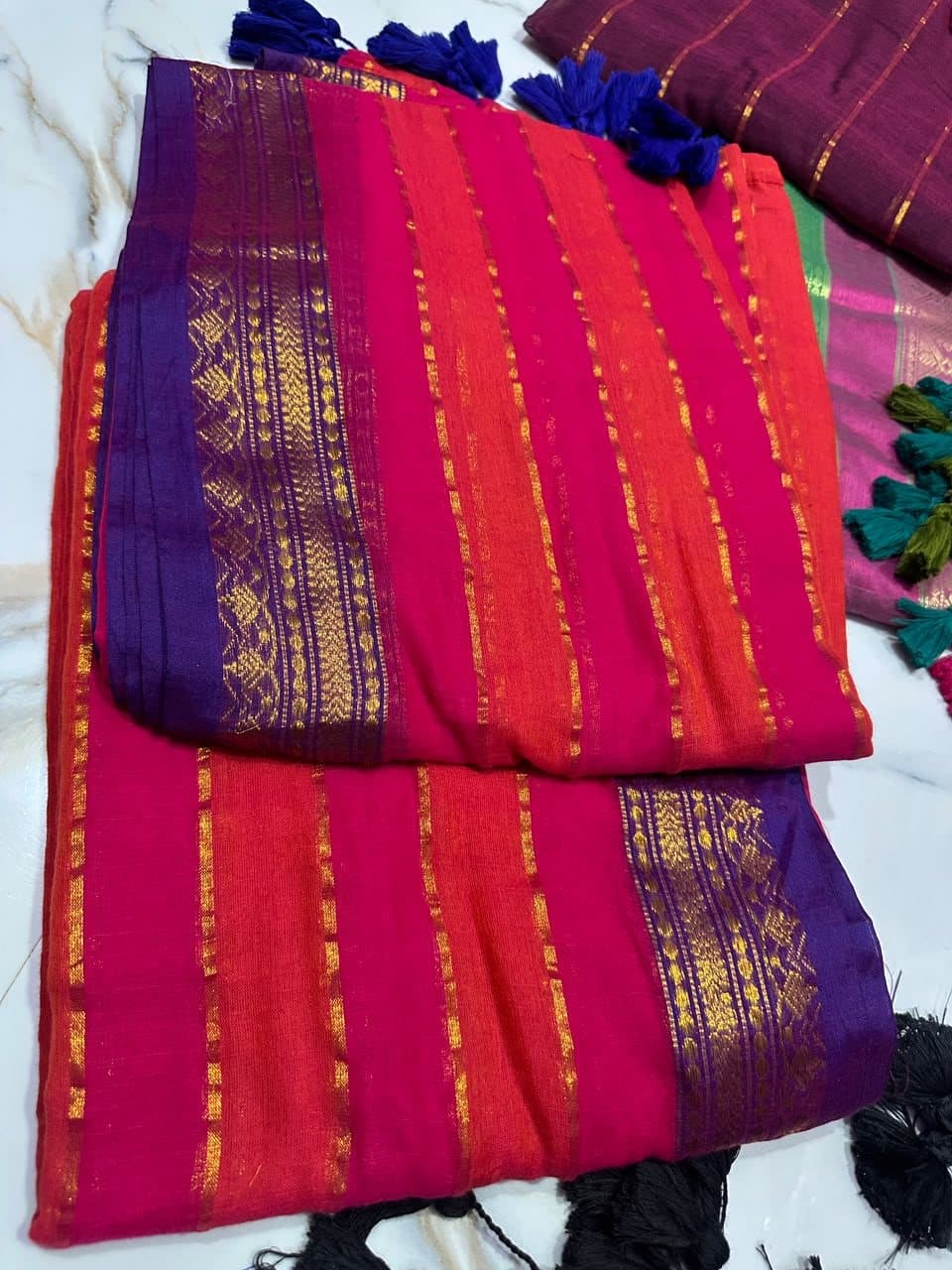 Rainbow Stripe Pure Mul Cotton Saree with Kanchi Nakshi Zari Border