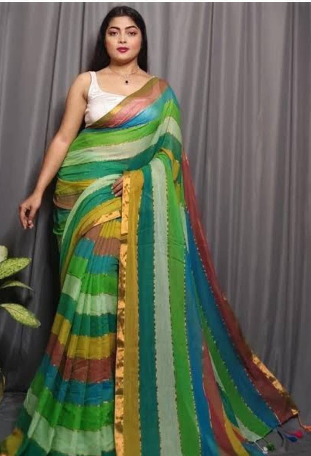 Rainbow Stripe Pure Mul Cotton Saree with Golden Zari Border