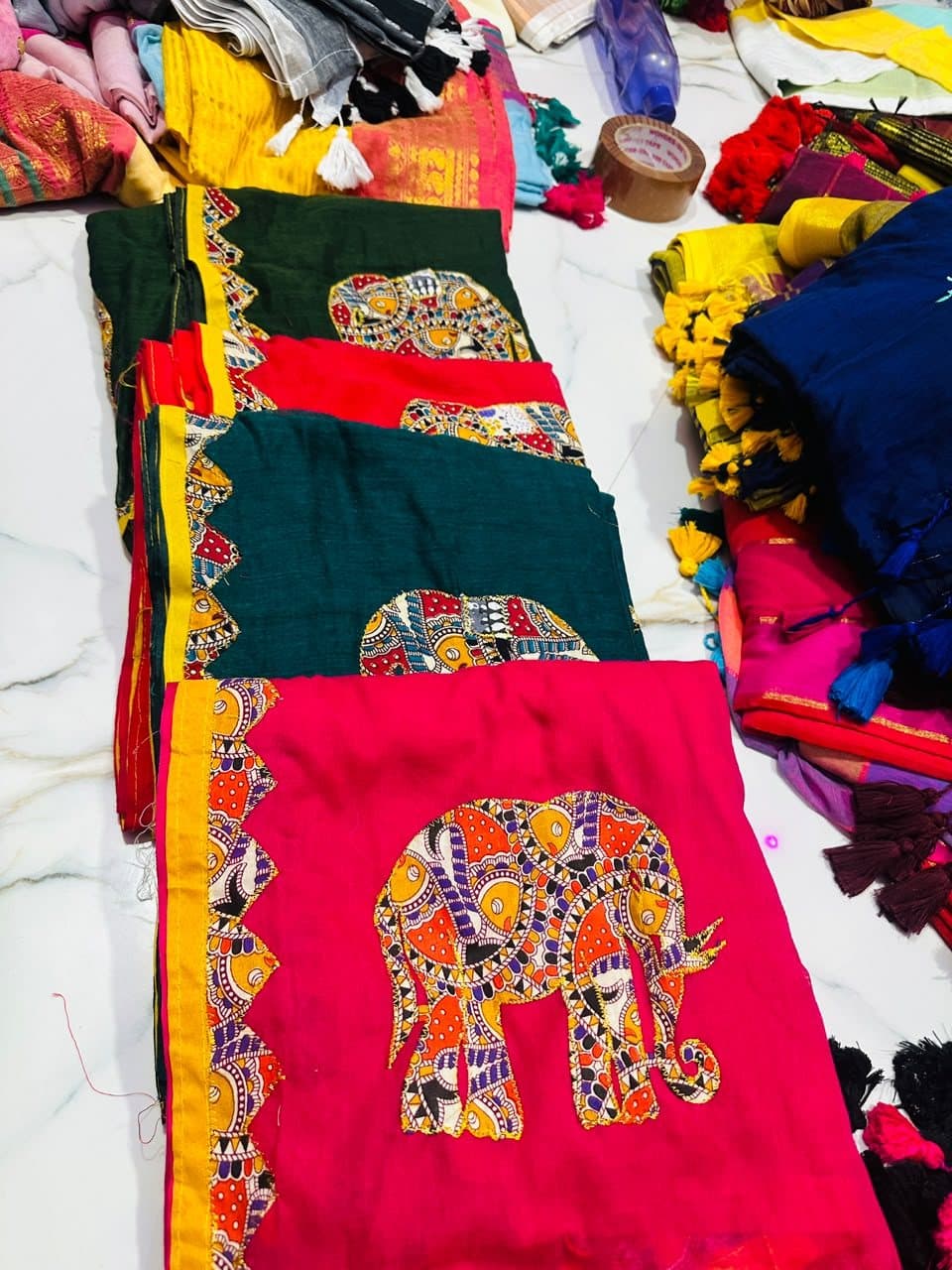 Elephant Patchwork Pure Mul Cotton Saree with Full Patchwork Border