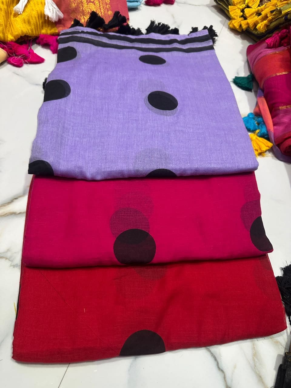 Lavender Hand Painted Polka Dot Pure Mul Cotton Saree