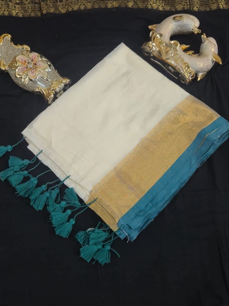 Cream Saree with Gold and Teal Border