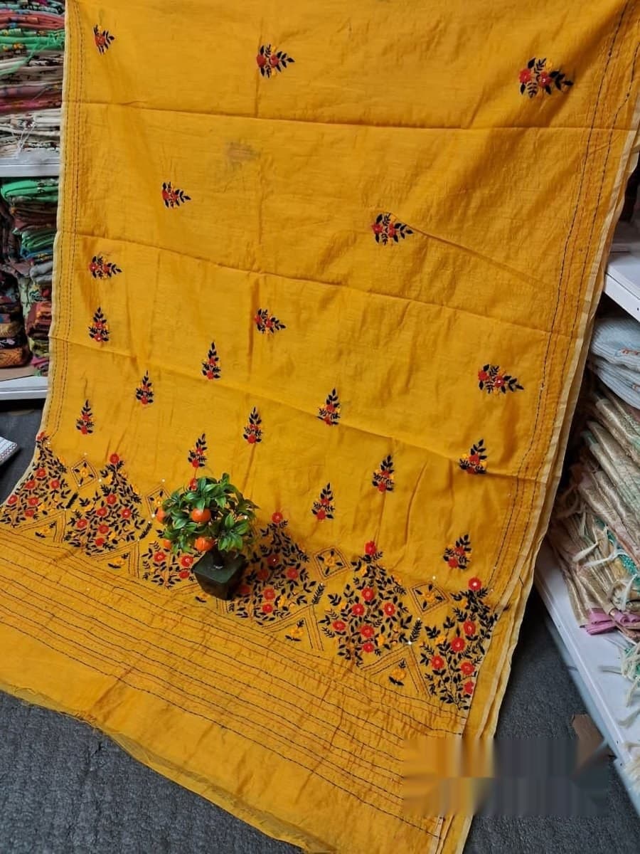 Mustard Floral Embroidered Saree