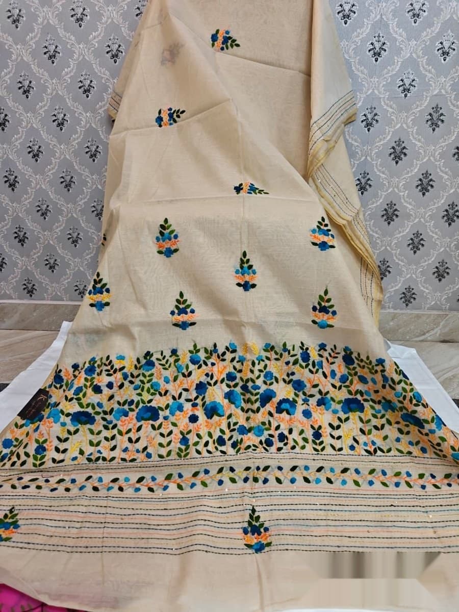 Cream Blue Floral Embroidered Saree