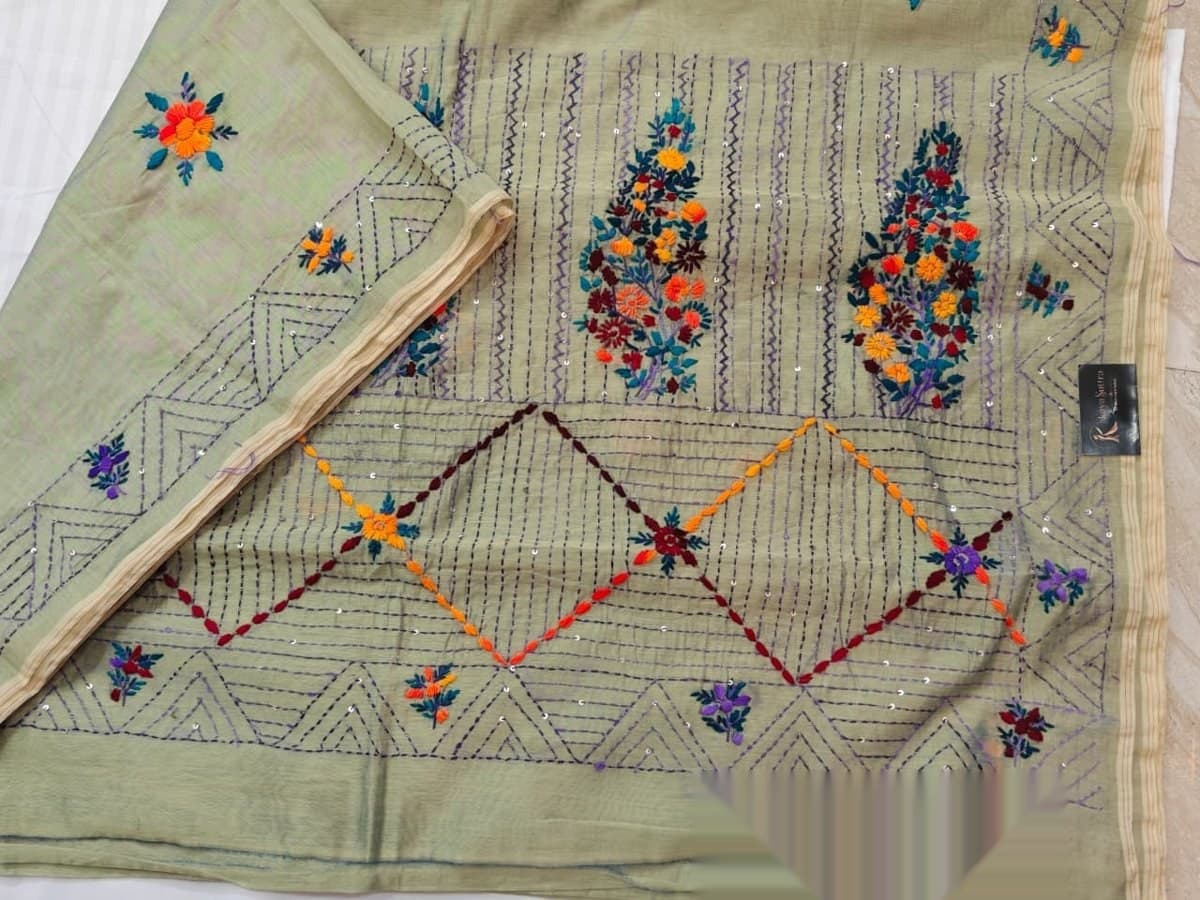 Sage Green Kantha Embroidered Saree