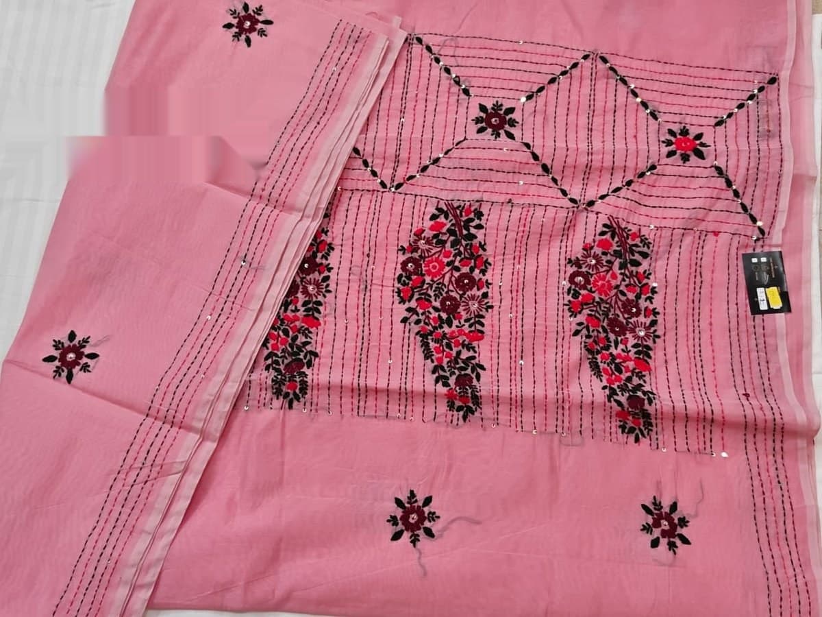 Pink Black Floral Embroidered Saree