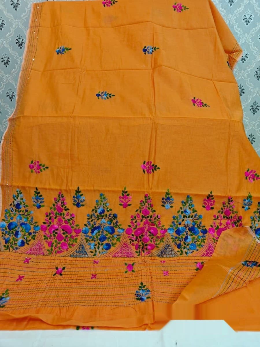 Orange Floral Embroidered Saree