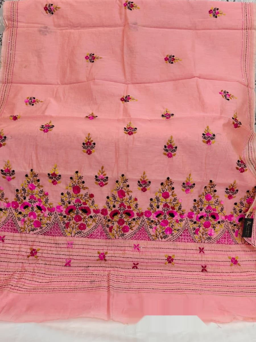 Peach Pink Floral Embroidered Saree
