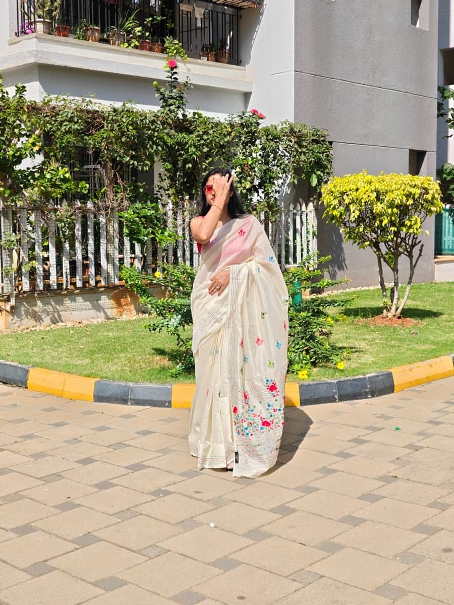 Cream Embroidered Saree