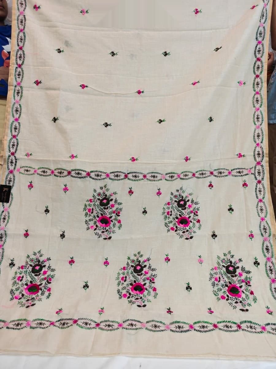 Cream Pink Floral Embroidered Saree