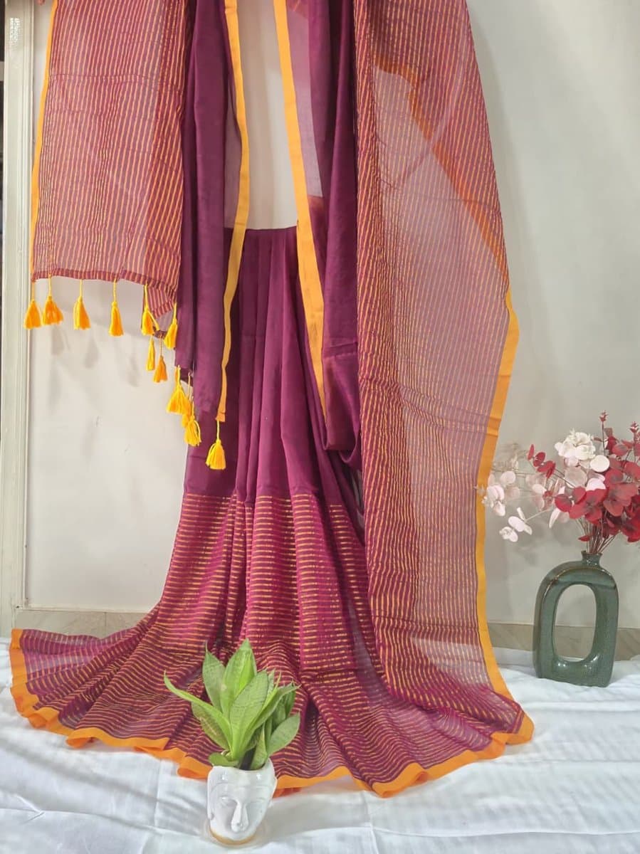 Maroon Striped Saree with Orange Border