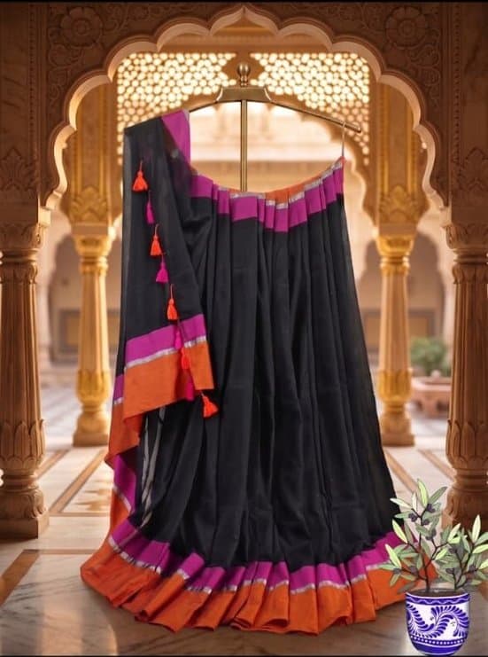 Black Saree with Orange and Pink Border