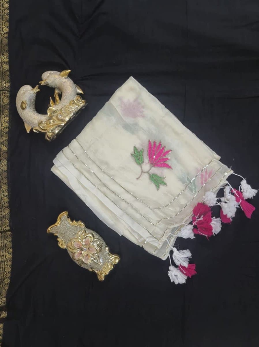 Cream Lotus Embroidered Saree