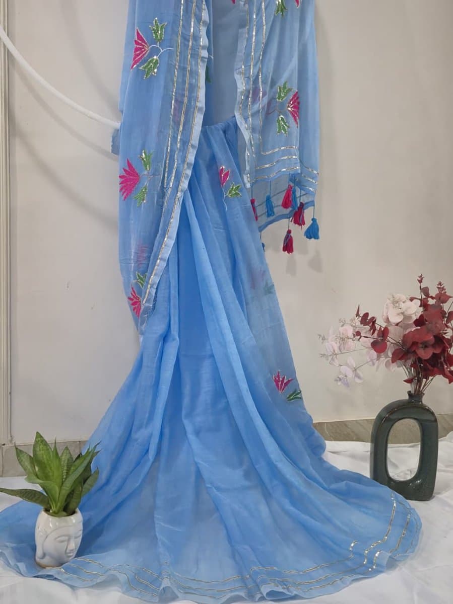 Sky Blue Lotus Embroidered Saree