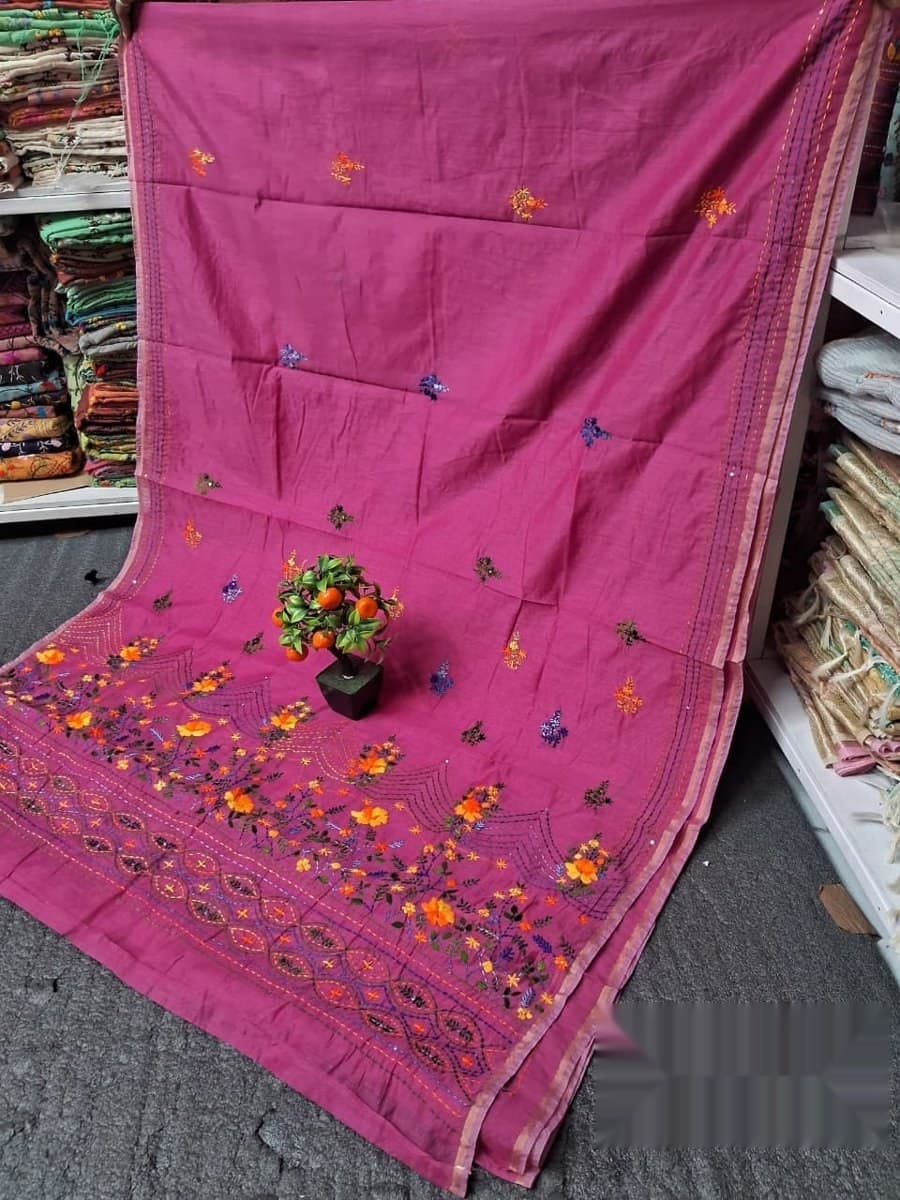 Pink Floral Embroidered Saree